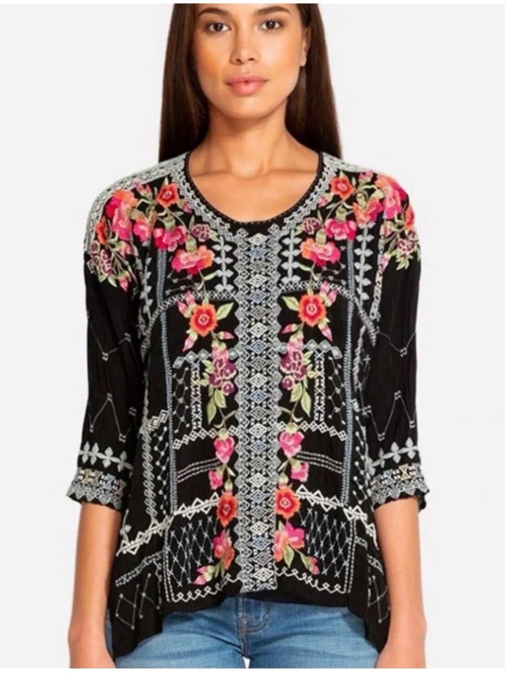 Johnny Was Embroidered Black Floral Boho Top